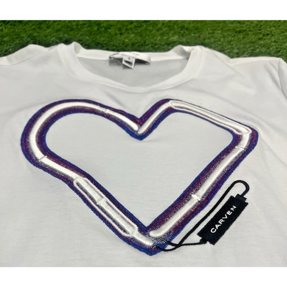 Carven Embroidered Heart White Short Sleeve T-Shirt Size S - Picture 3 of 9